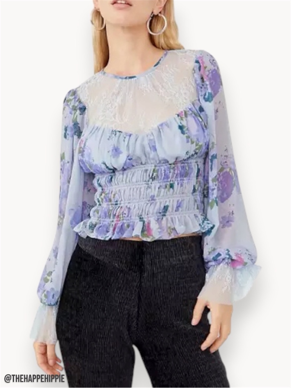 Free People Daphne Lavender Floral Lace Yoke Smocked Blouse Top